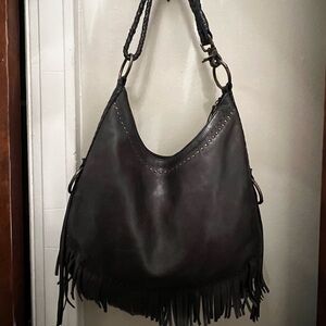 Black Leather Fringe Hobo Bag